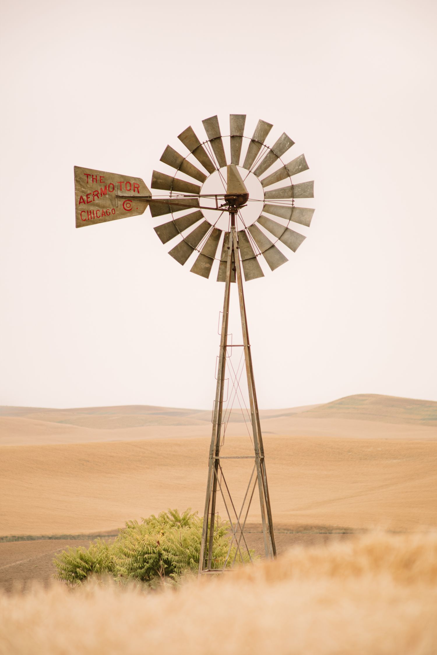 A rustic windmill stands tall against a golden wheat field and hazy sky in the Palouse region of Washington state.
