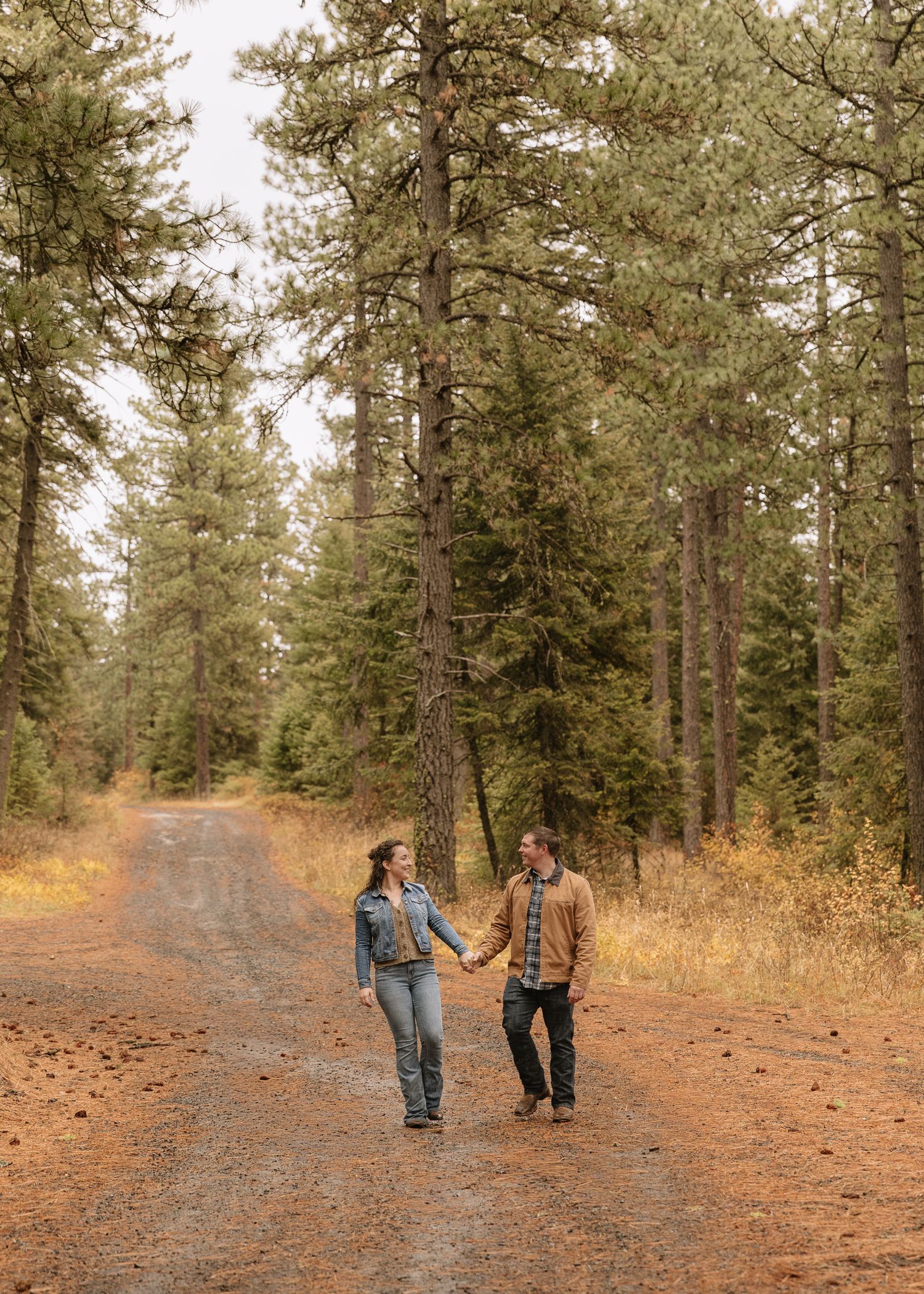 A couple walks together on a winding dirt trail through a scenic pine forest on an autumn day.