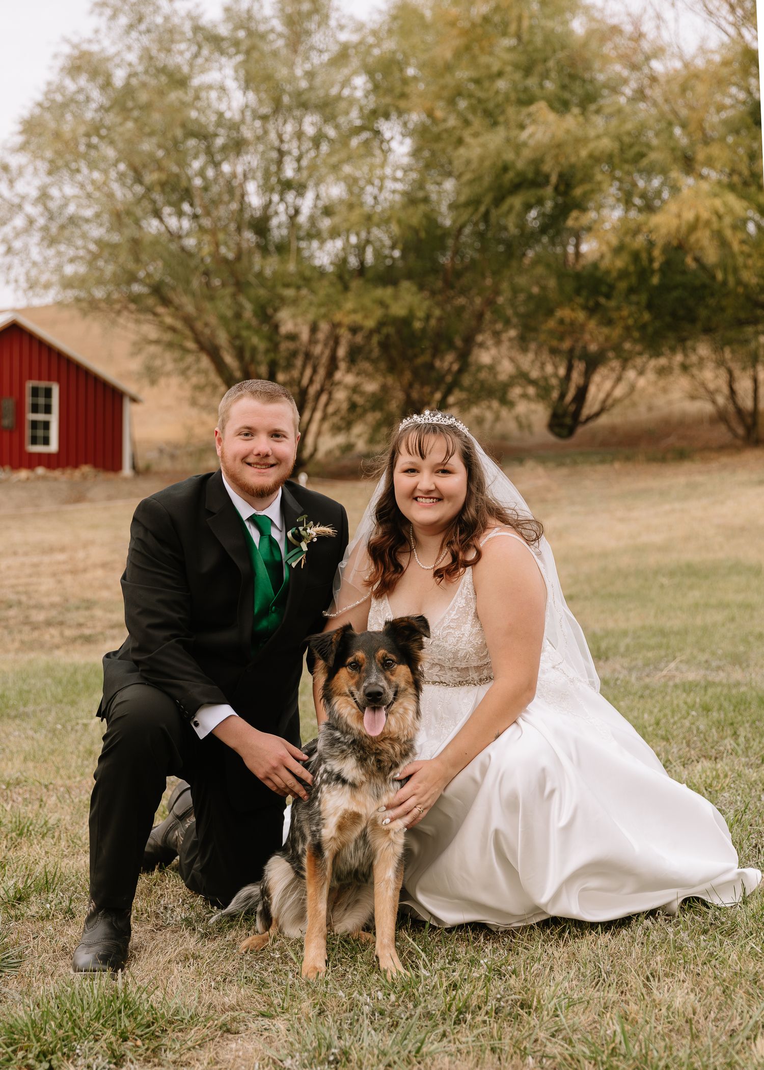 A couple in wedding attire poses with their German Shepherd dog in a rustic outdoor setting near a red barn.