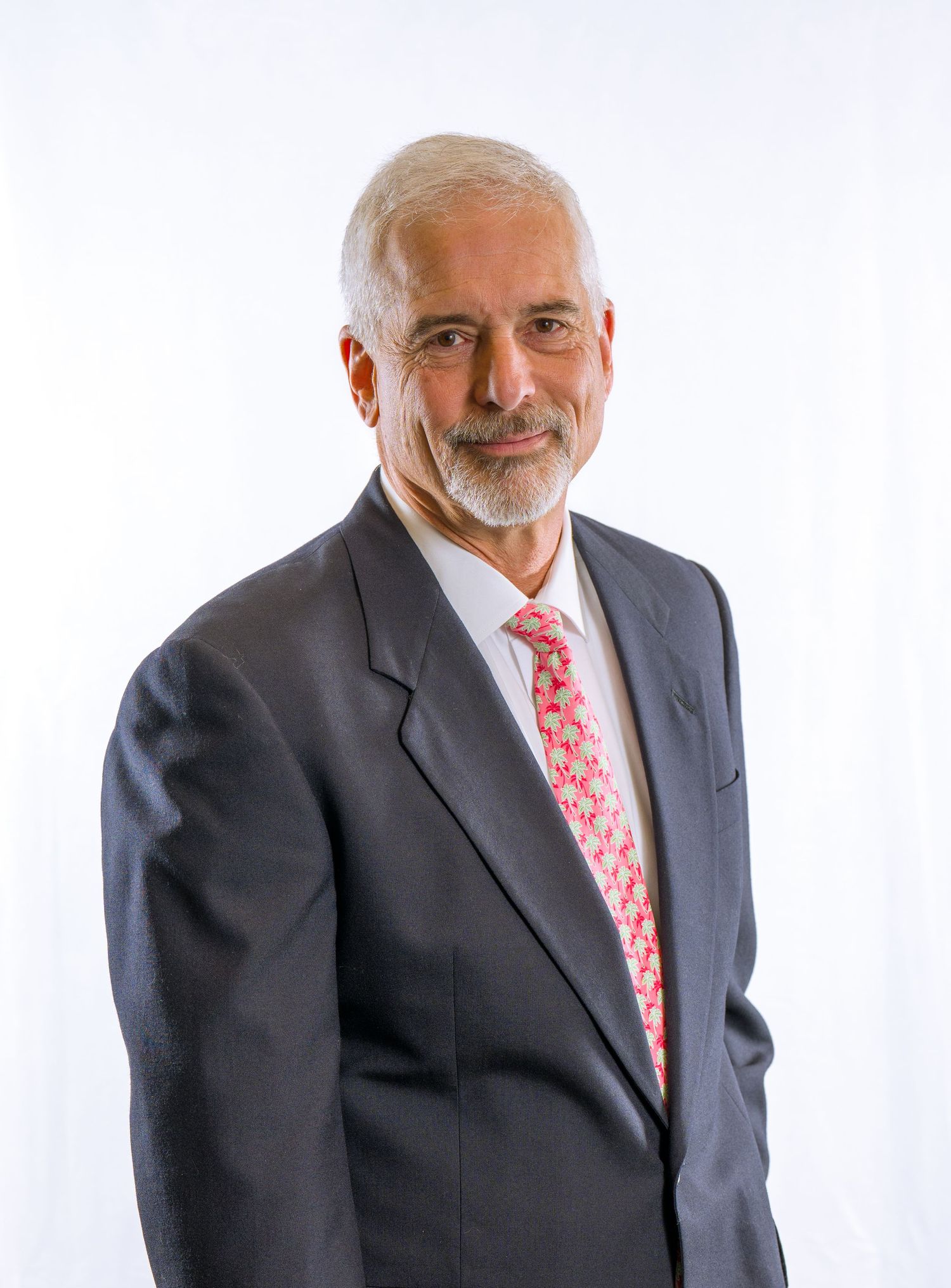 Professional headshot of a smiling senior executive in a gray suit and patterned red tie against white background.
