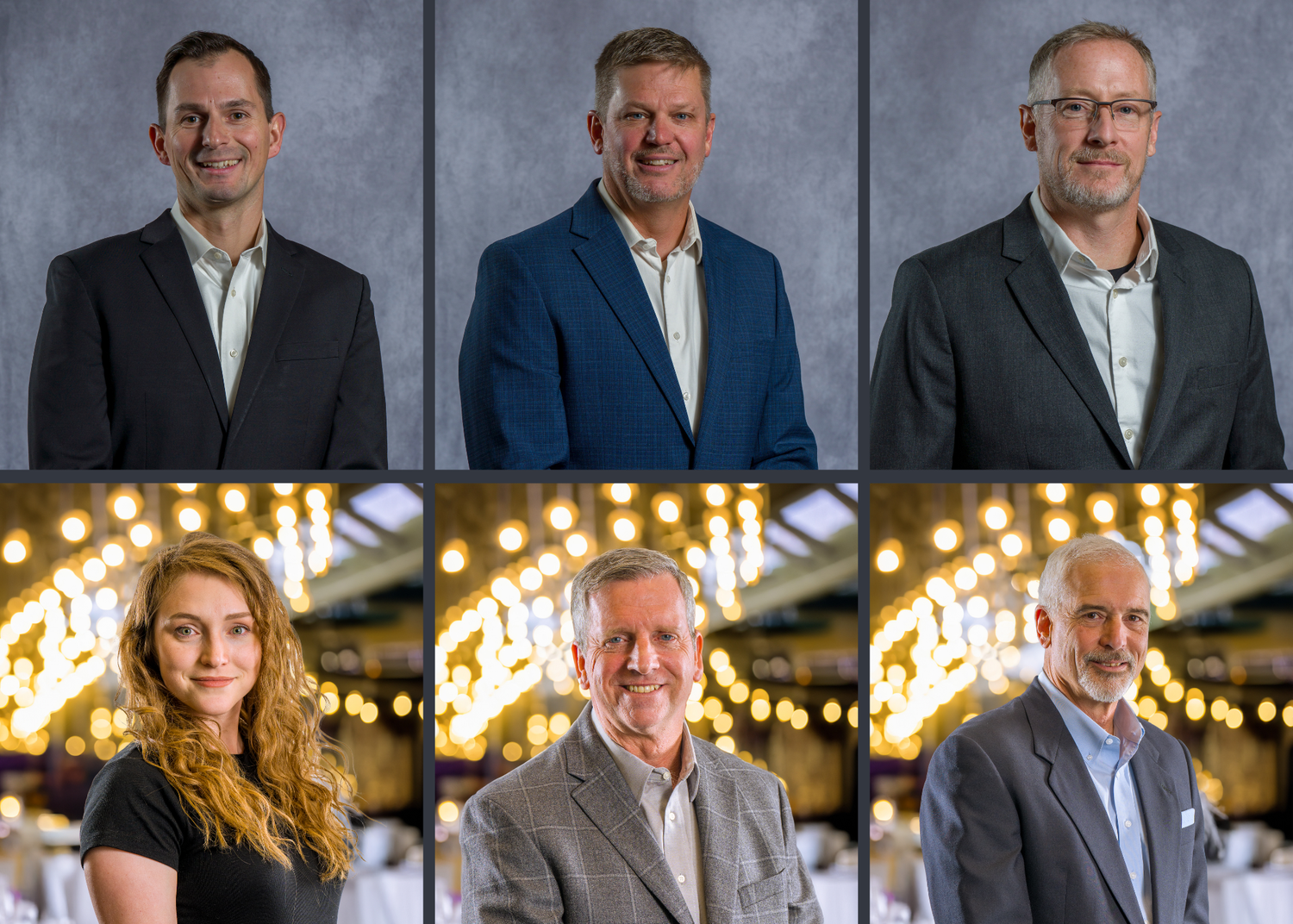 Corporate team portraits arranged in a grid with professional lighting and gray backdrop.