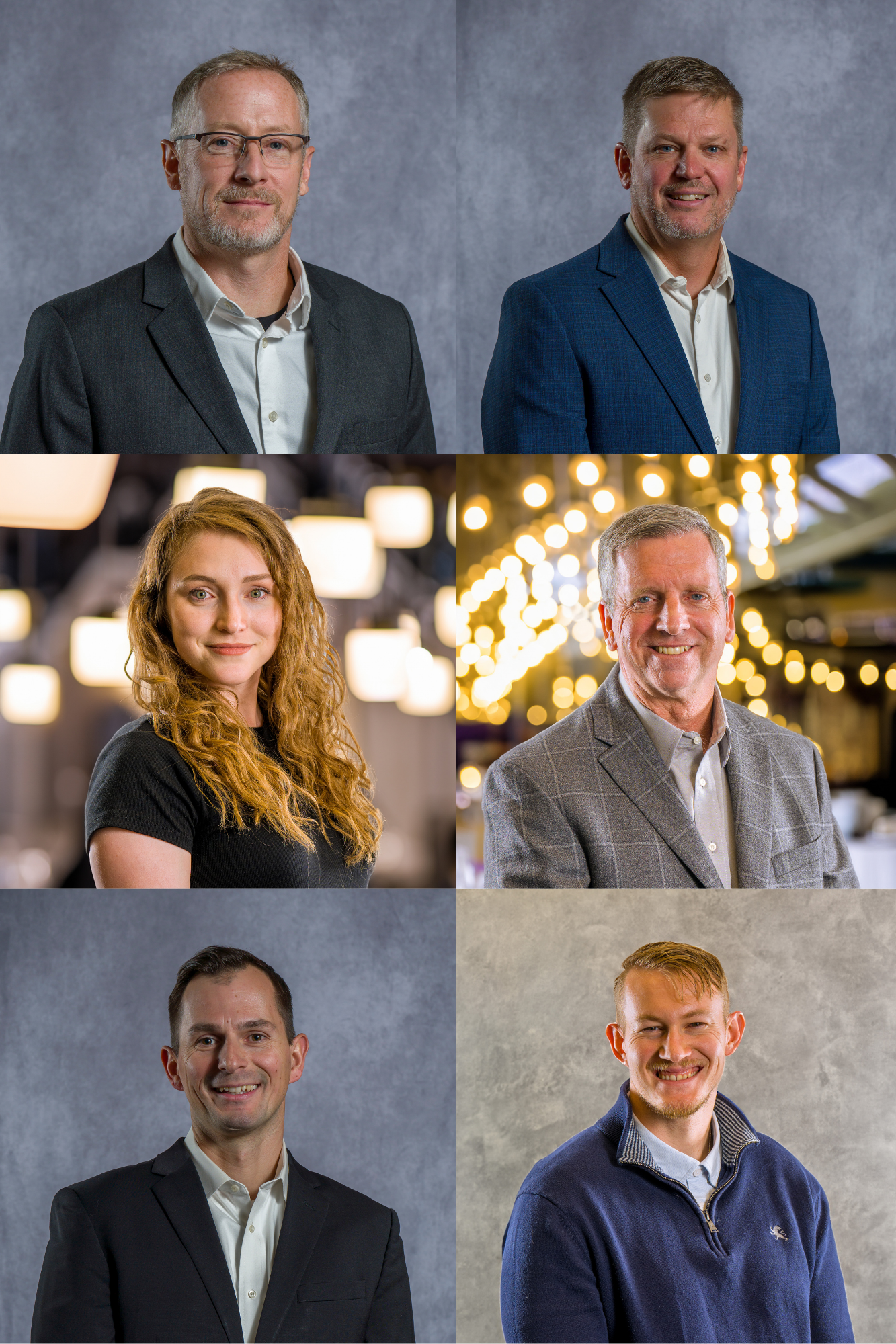 Professional business headshots of six individuals against gray backgrounds and one with decorative lighting.