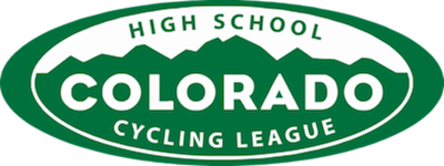 Green oval logo for Colorado High School Cycling League with mountain silhouette.