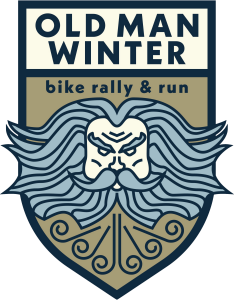 Old Man Winter bike rally logo with stylized beard and winter theme in blue and tan.
