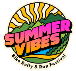 Summer Vibes bike rally festival logo with retro sunset design in yellow and pink.