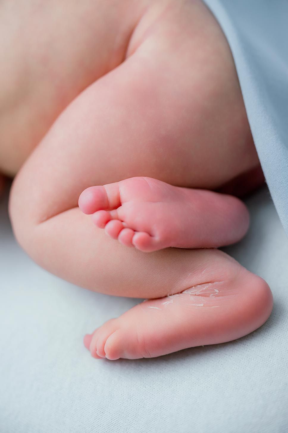Close-up of tiny newborn baby feet resting on a soft white blanket.