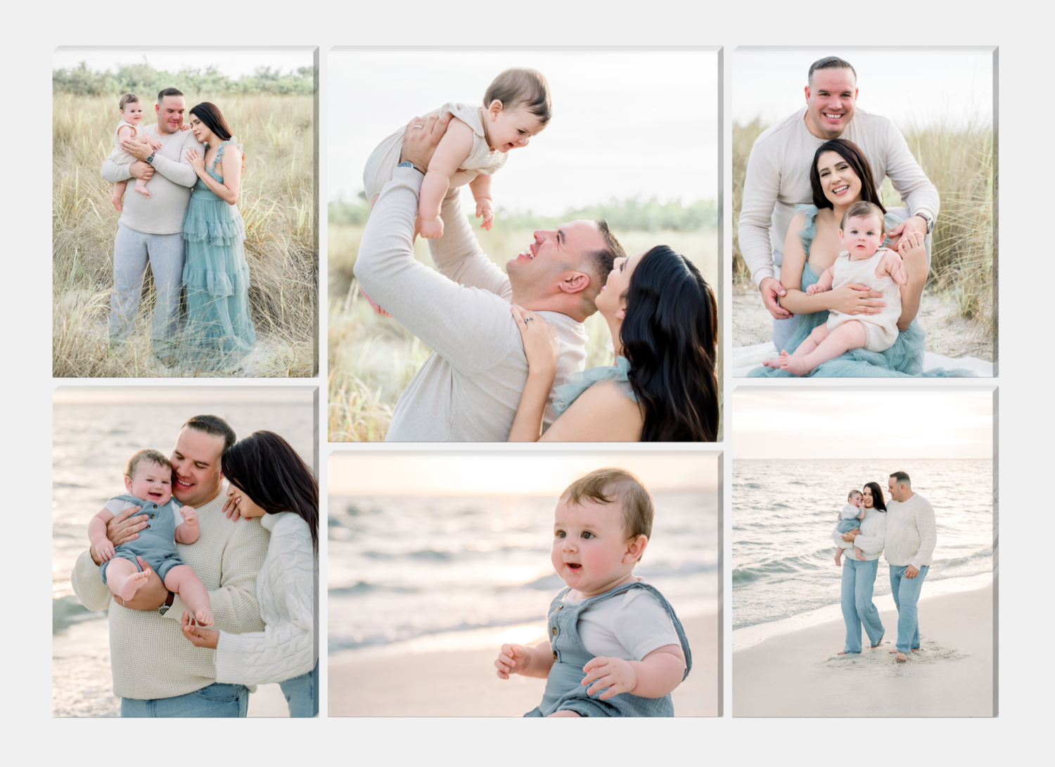 Family beach photo collage featuring parents with baby in soft blue and cream tones on sandy dunes and shoreline.