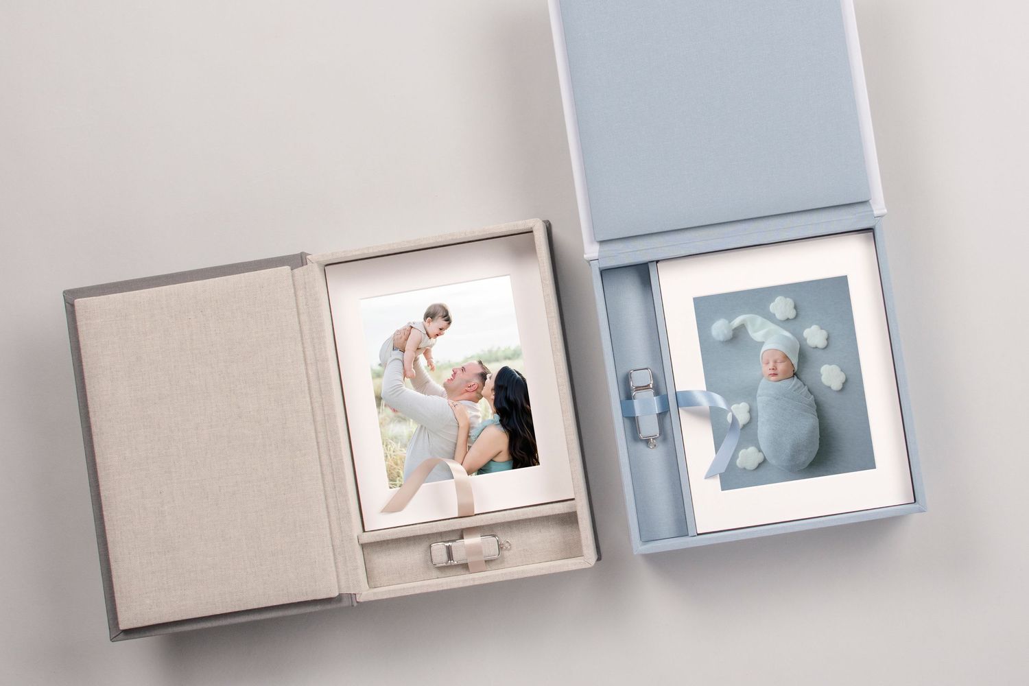 A sleek grid display of modern wedding photos showcases love stories in elegant silver frames on a white gallery wall.