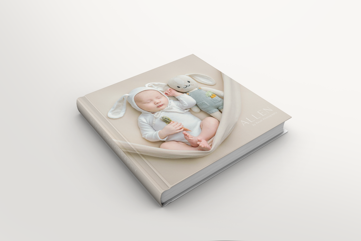 Three different views of a hardcover book mockup showing a soft muted illustration with a simple design.