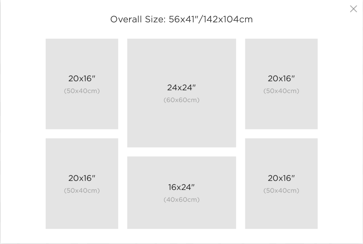 A collage wall art set of six canvas prints in various sizes arranged in a 3x2 grid layout, totaling 56x41 inches.