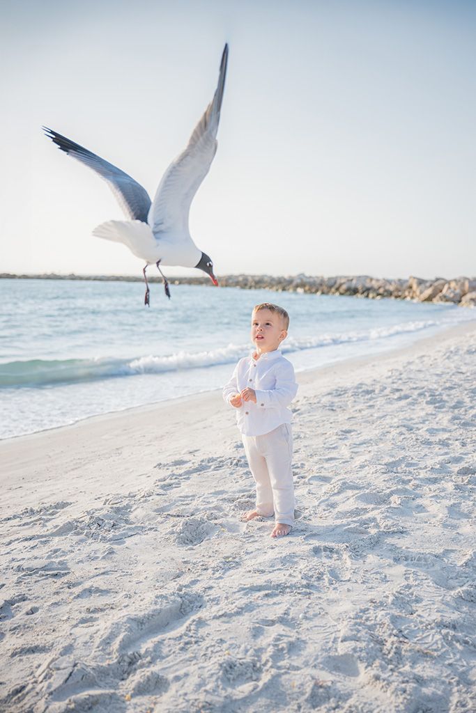 Toddler in white outfit laughing on sandy beach as large seagull flies overhead near ocean waves.