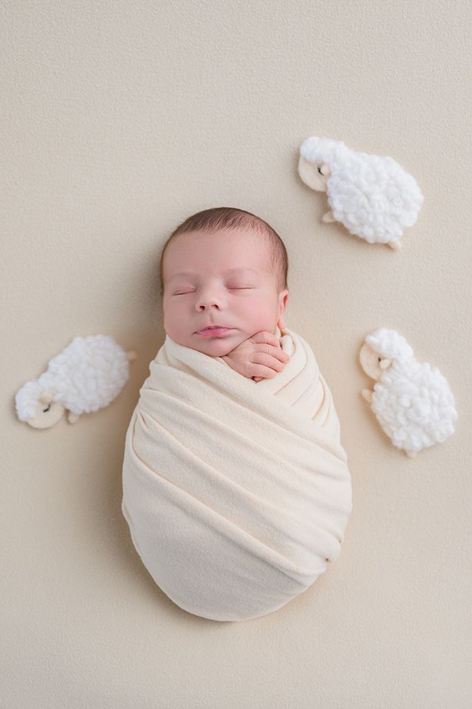Peaceful newborn baby swaddled in cream wrap sleeping surrounded by decorative white sheep on beige background.