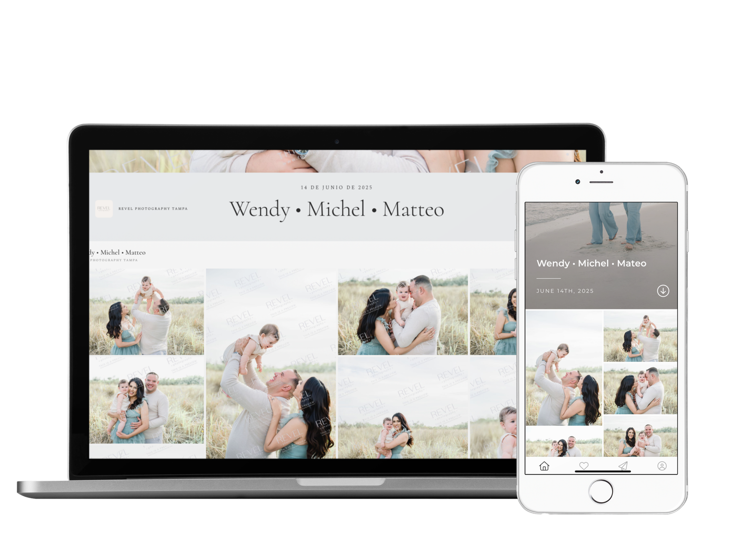 Responsive website design mockup showing layout across desktop, tablet and mobile devices with professional photography.