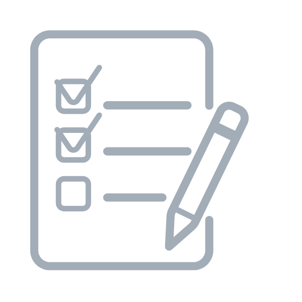 Simple gray icon of a checklist with checkmarks and a pencil for editing tasks and marking items complete.