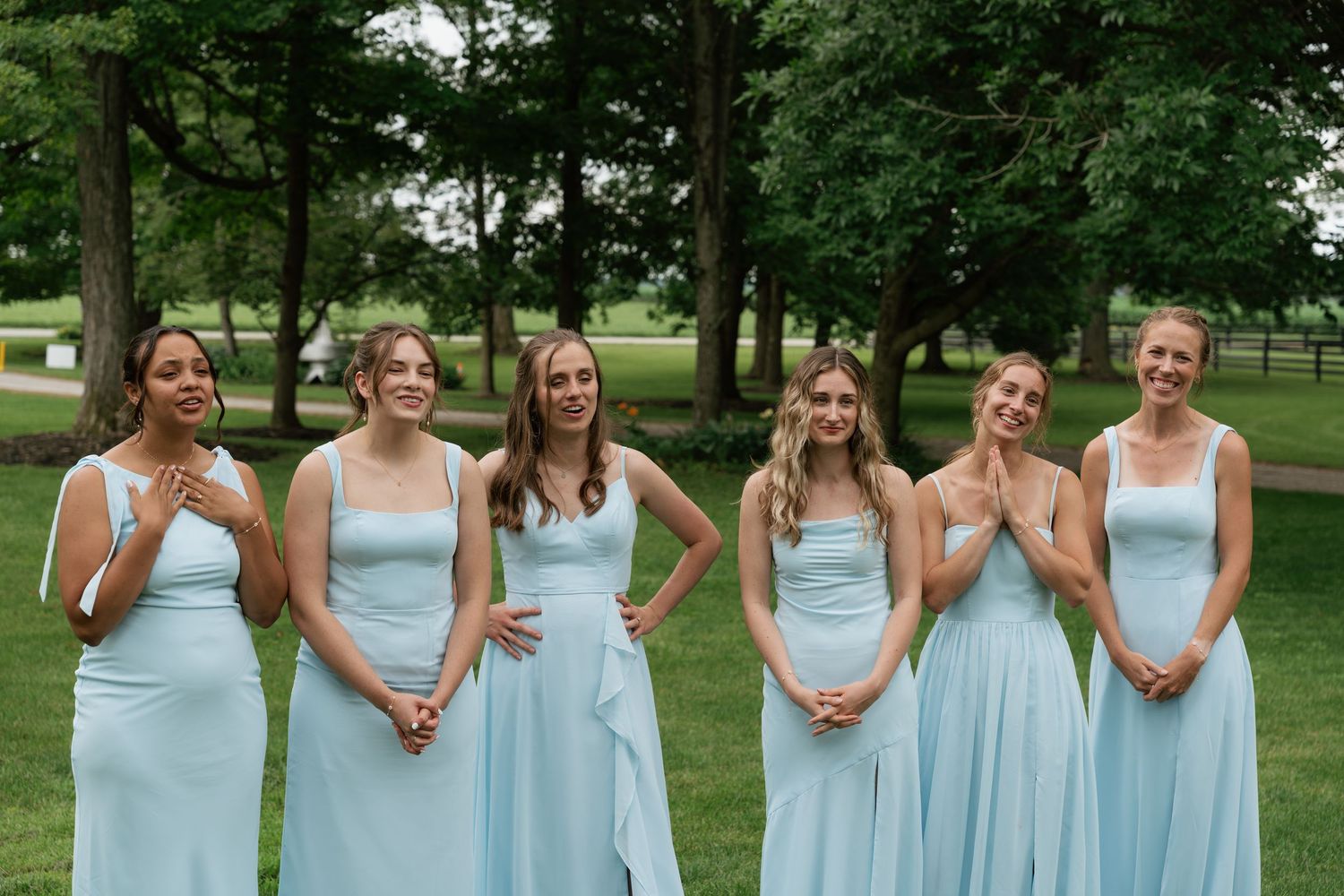 Six bridesmaids in matching light blue floor-length gowns smiling outdoors on green grass with trees in background.