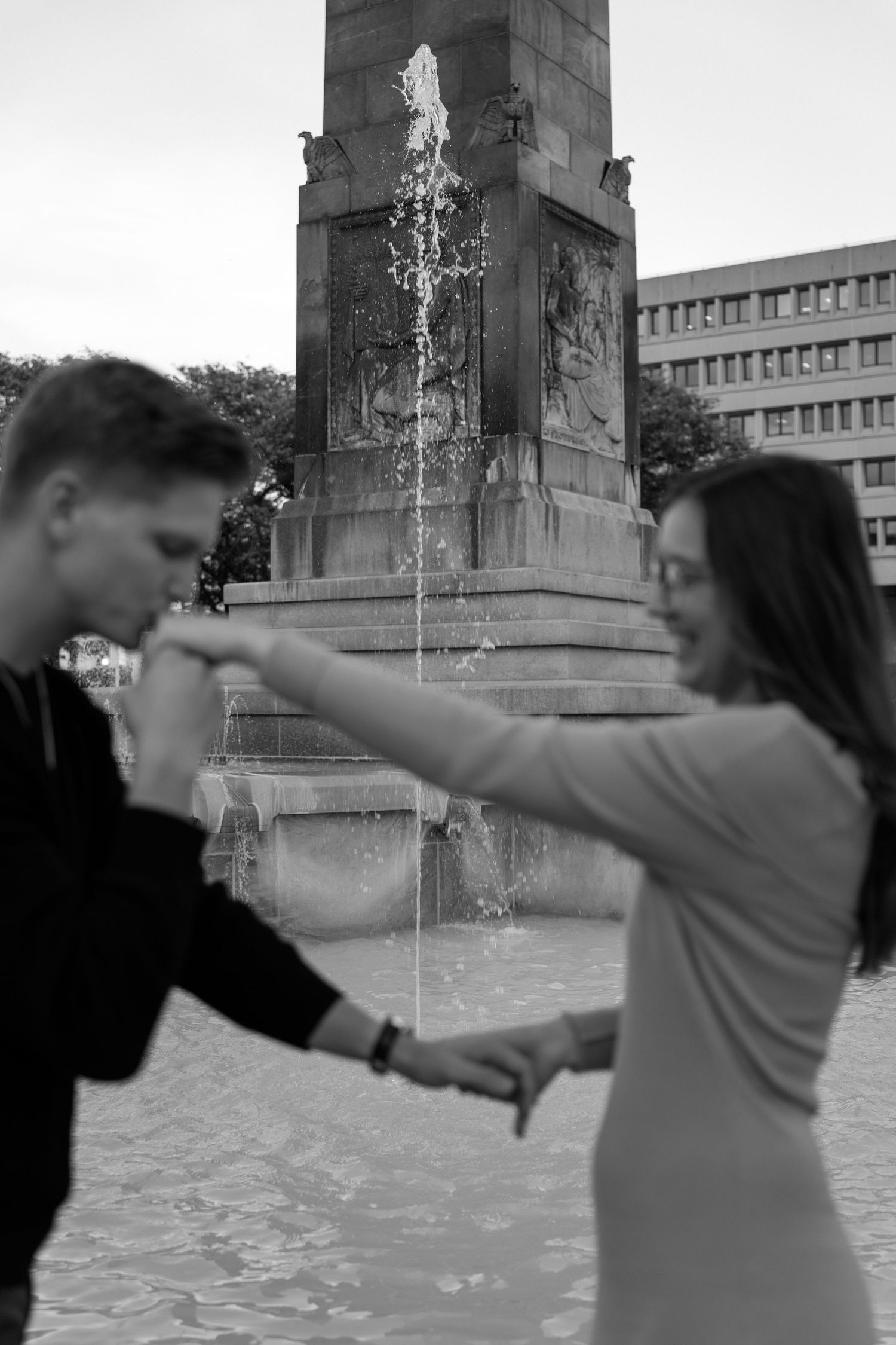 Romantic black-and-white engagement photos in downtown Indianapolis, Indiana.