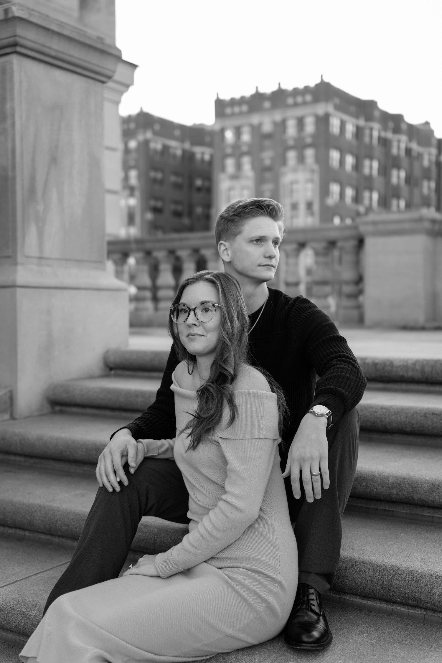 Romantic black-and-white engagement photos in downtown Indianapolis, Indiana.