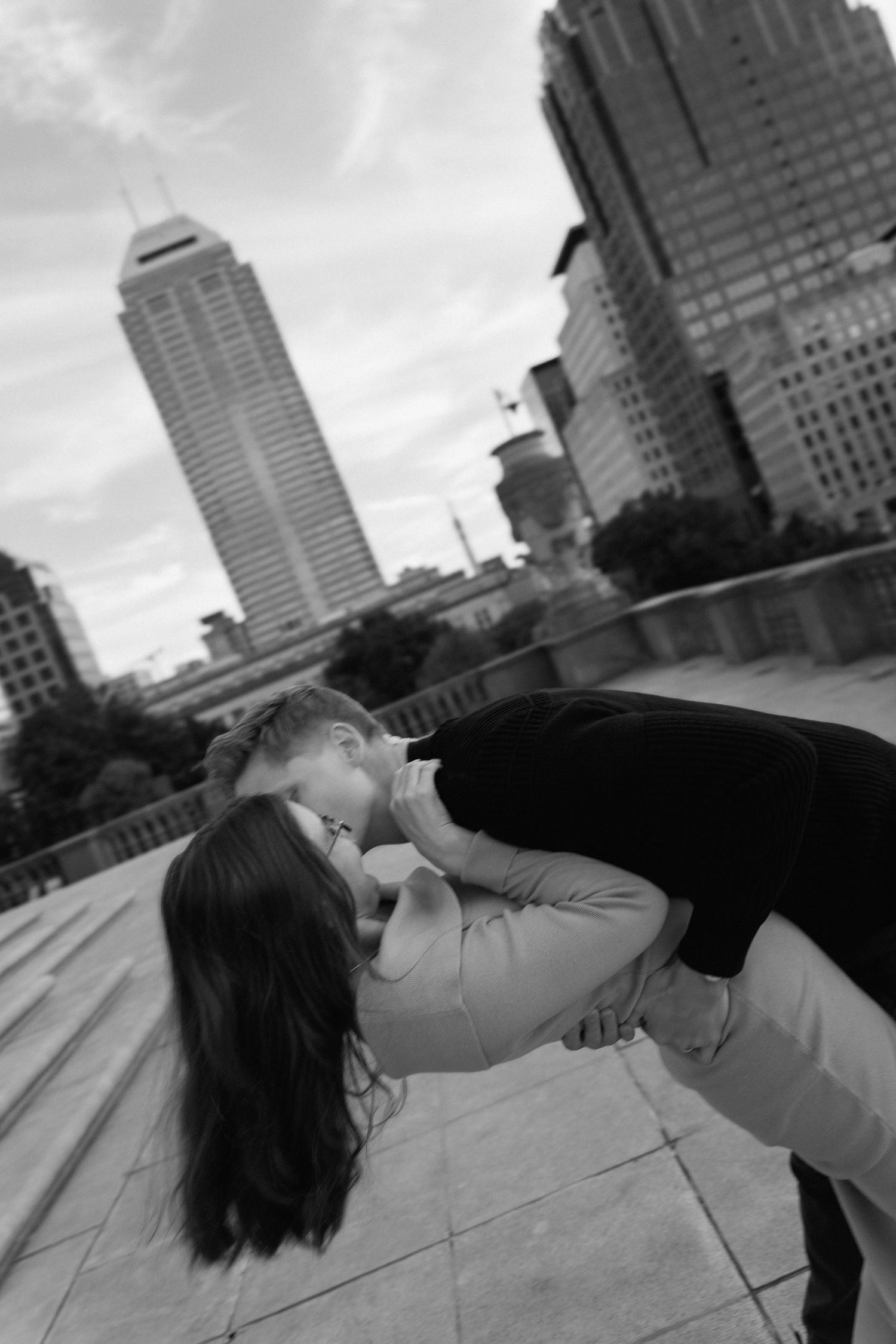 Romantic black-and-white engagement photos in downtown Indianapolis, Indiana.