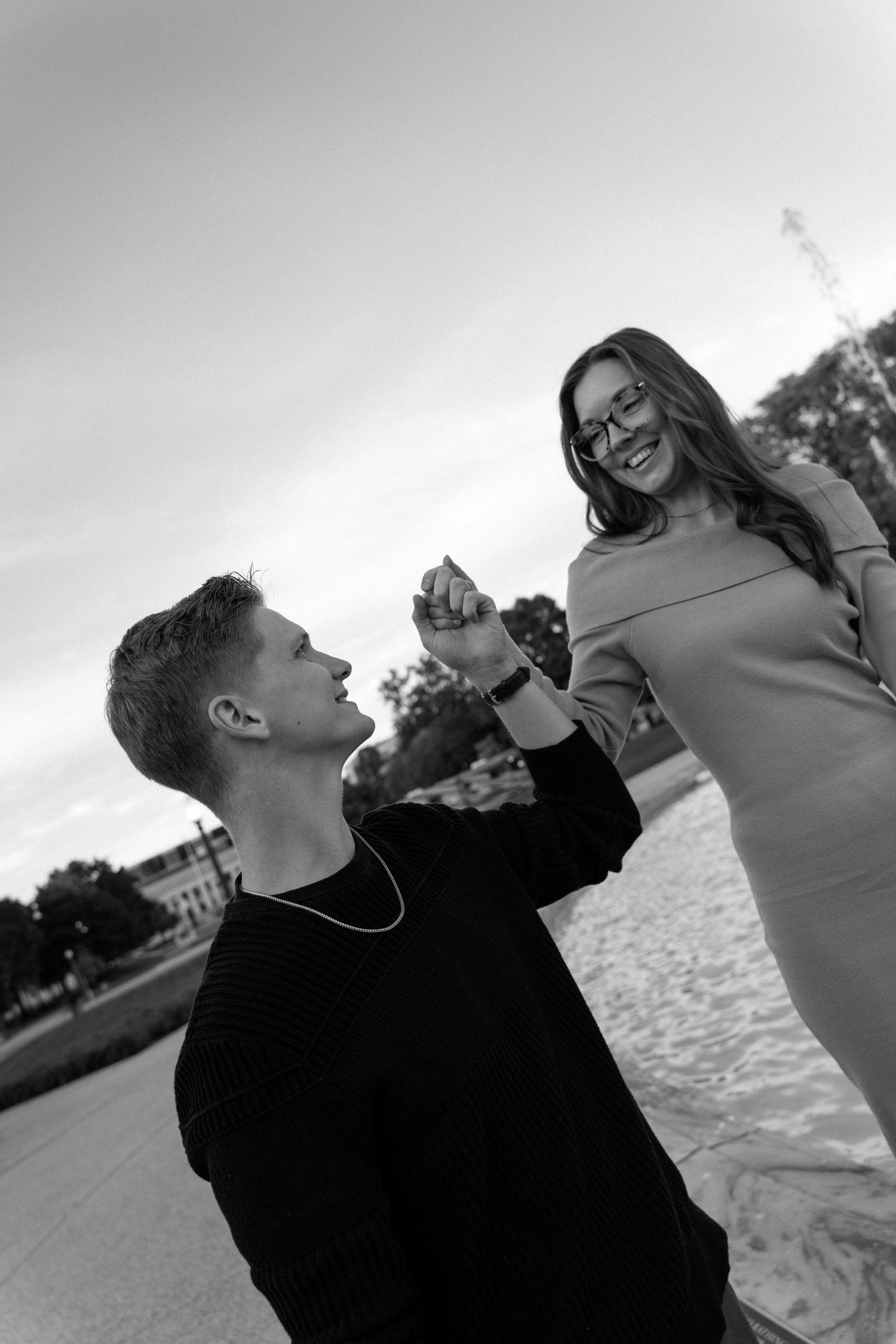 Romantic black-and-white engagement photos in downtown Indianapolis, Indiana.
