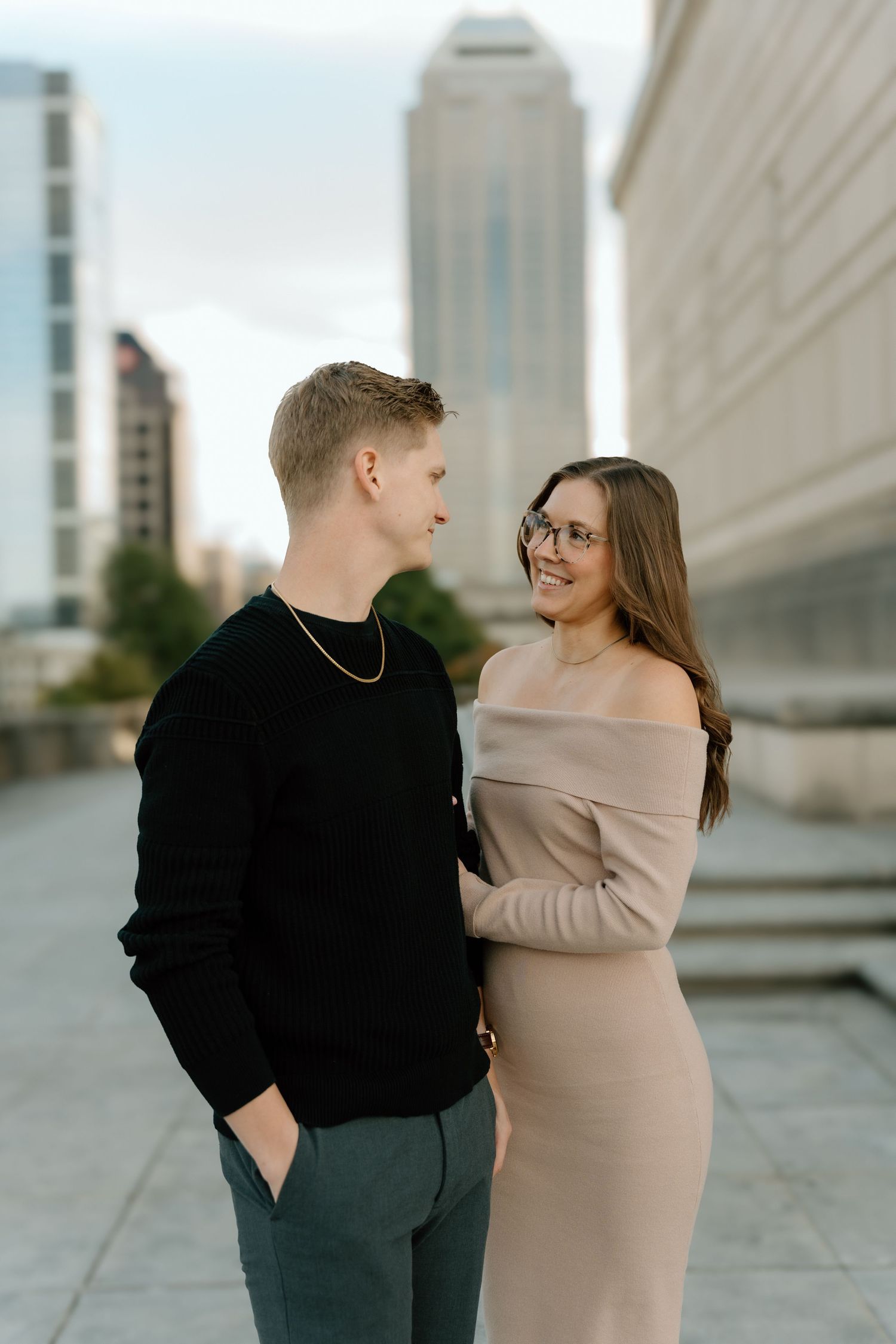 Romantic engagement photos in downtown Indianapolis, Indiana.