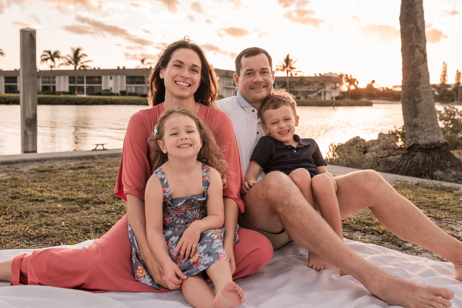 A collection of family beach photos at sunset showing people sitting together on the sand and enjoying the ocean view.