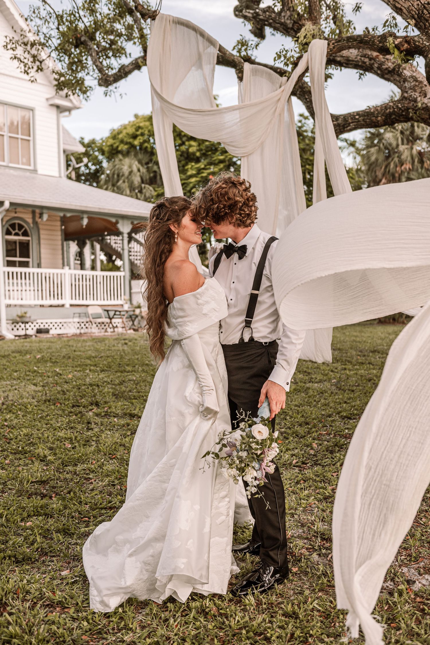 A romantic wedding scene with flowing white fabric and movement captured in a multi-panel photo sequence outdoors.
