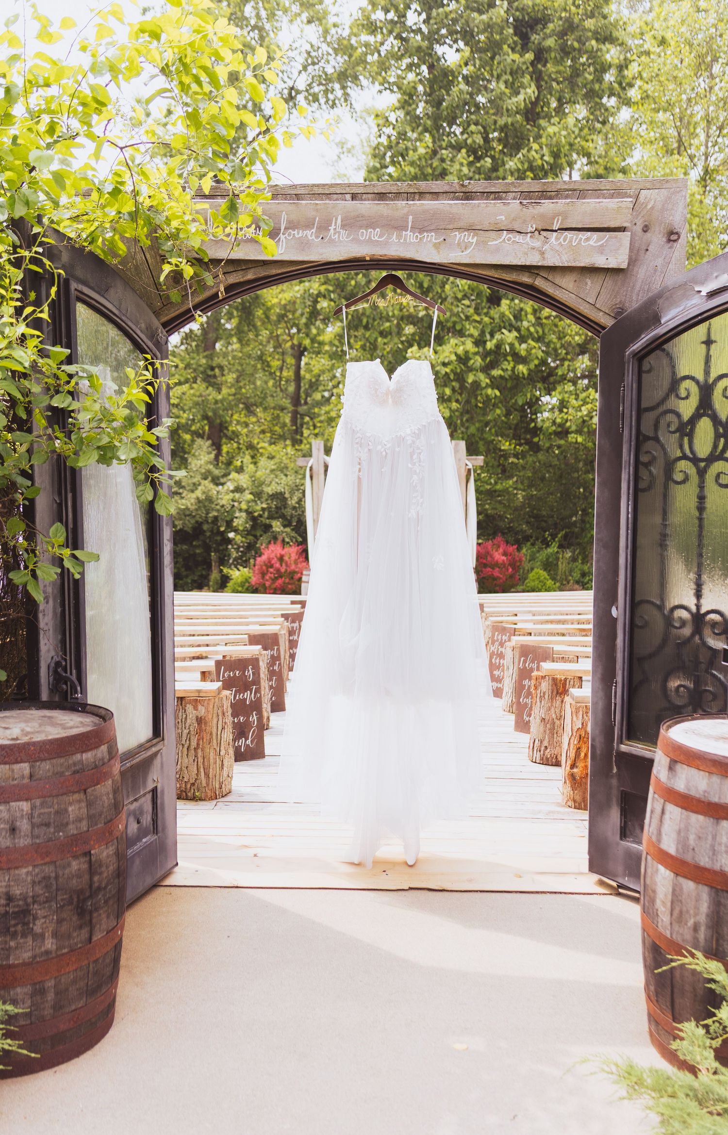 A series of wedding venue photos showing an outdoor ceremony space with brick walls, white draping, and natural greenery.