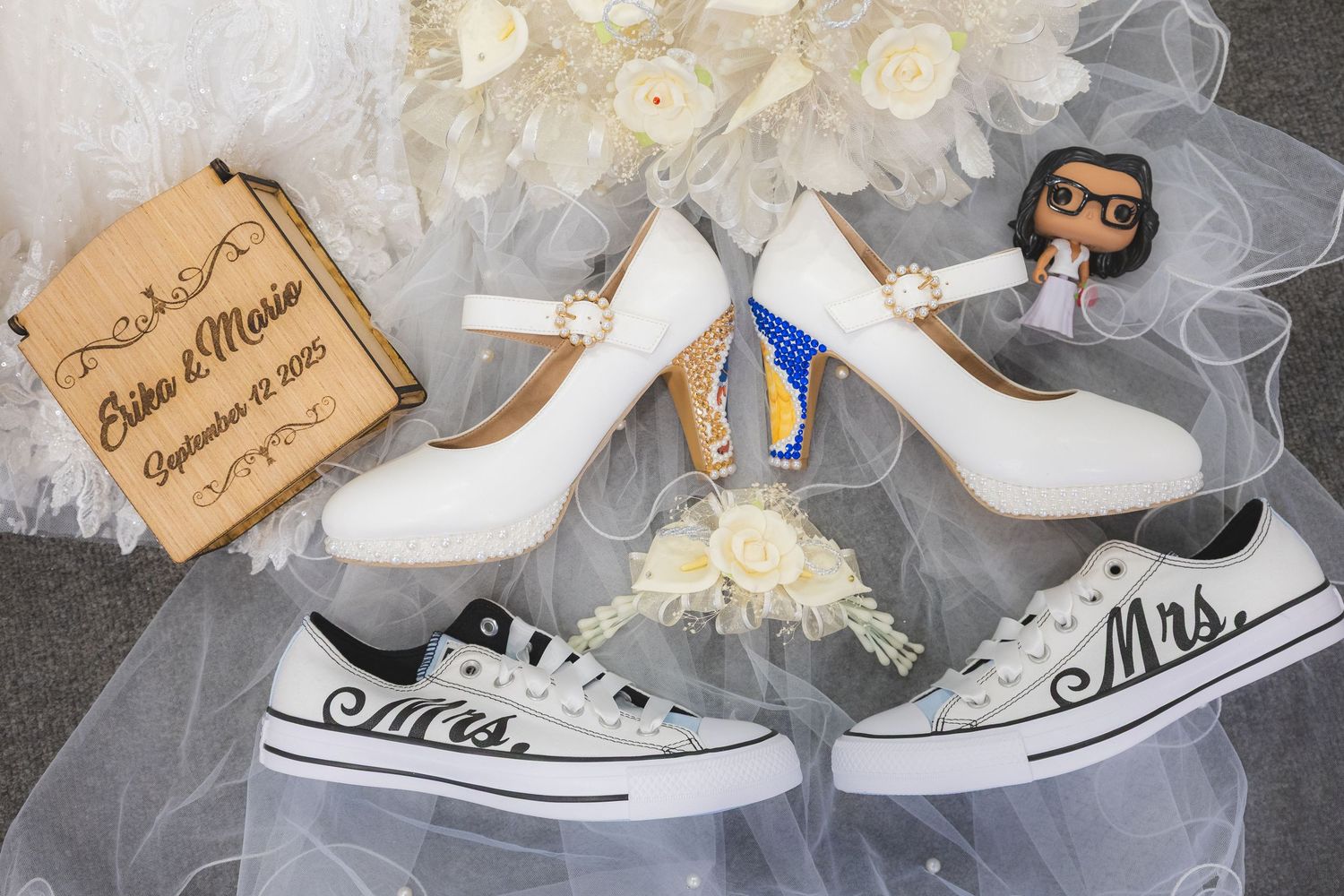Personalized white canvas wedding sneakers with custom tags and tulle decorations displayed in various angles.