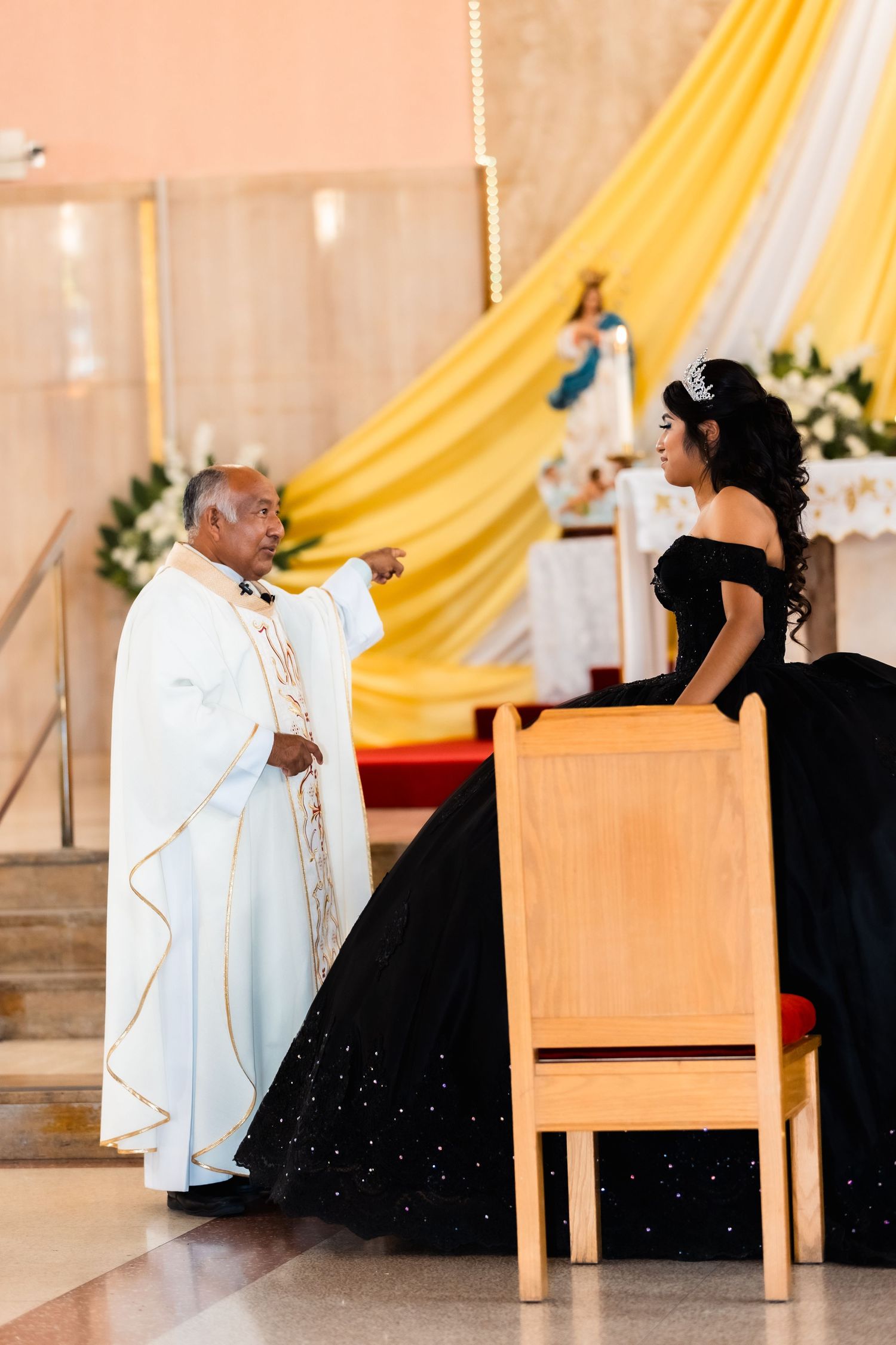 A series of photos showing a wedding ceremony with yellow drapes and white decor in a church setting.