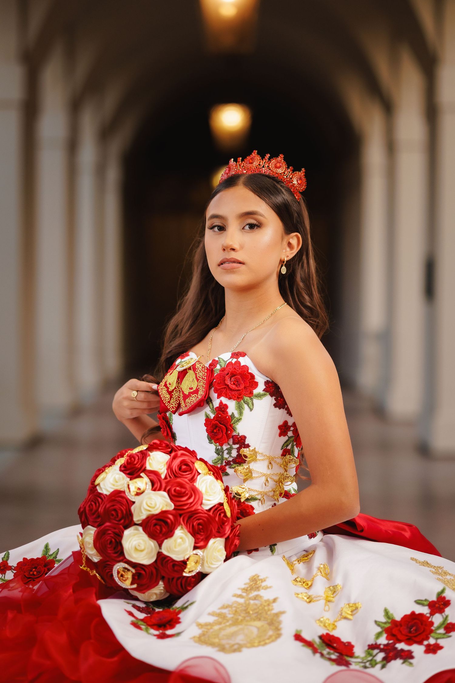 A series of four photos showing a quinceañera celebration with red and gold floral arrangements and elegant decor.