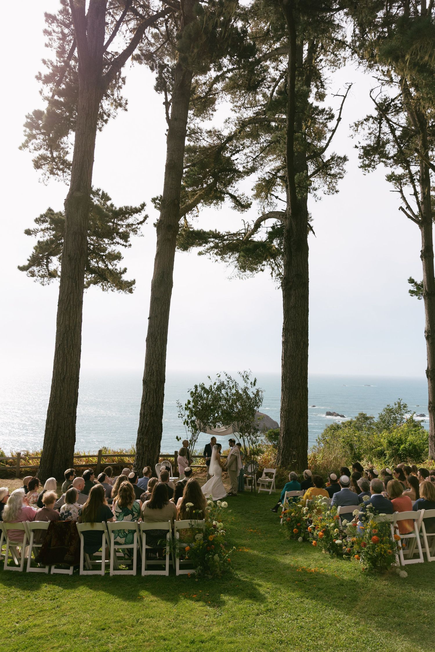 Outdoor wedding ceremony on a cliffside lawn framed by tall pine trees with ocean views in the background.