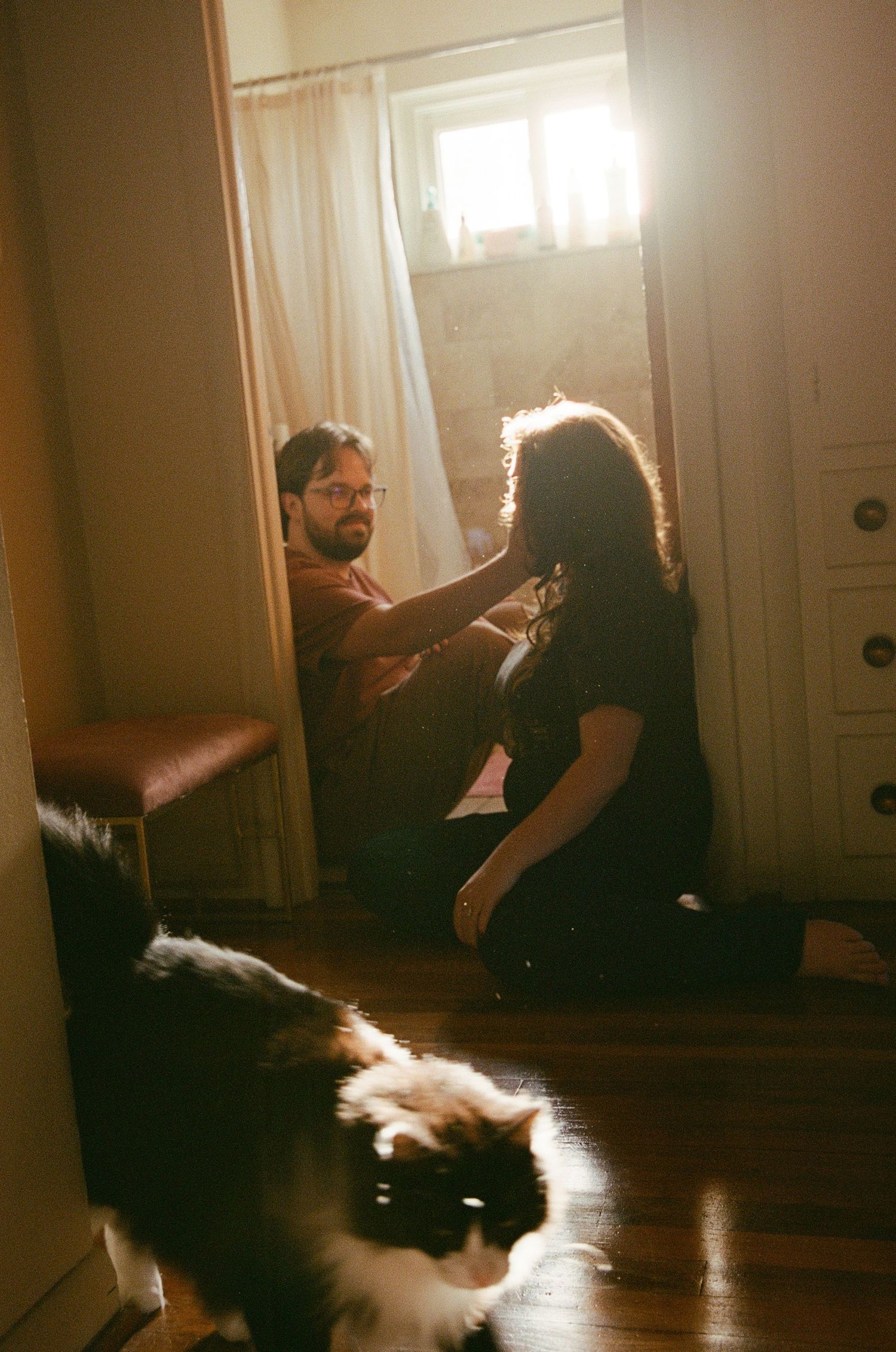 Two people sit on a hardwood floor in warm sunlight while a cat walks in the foreground.