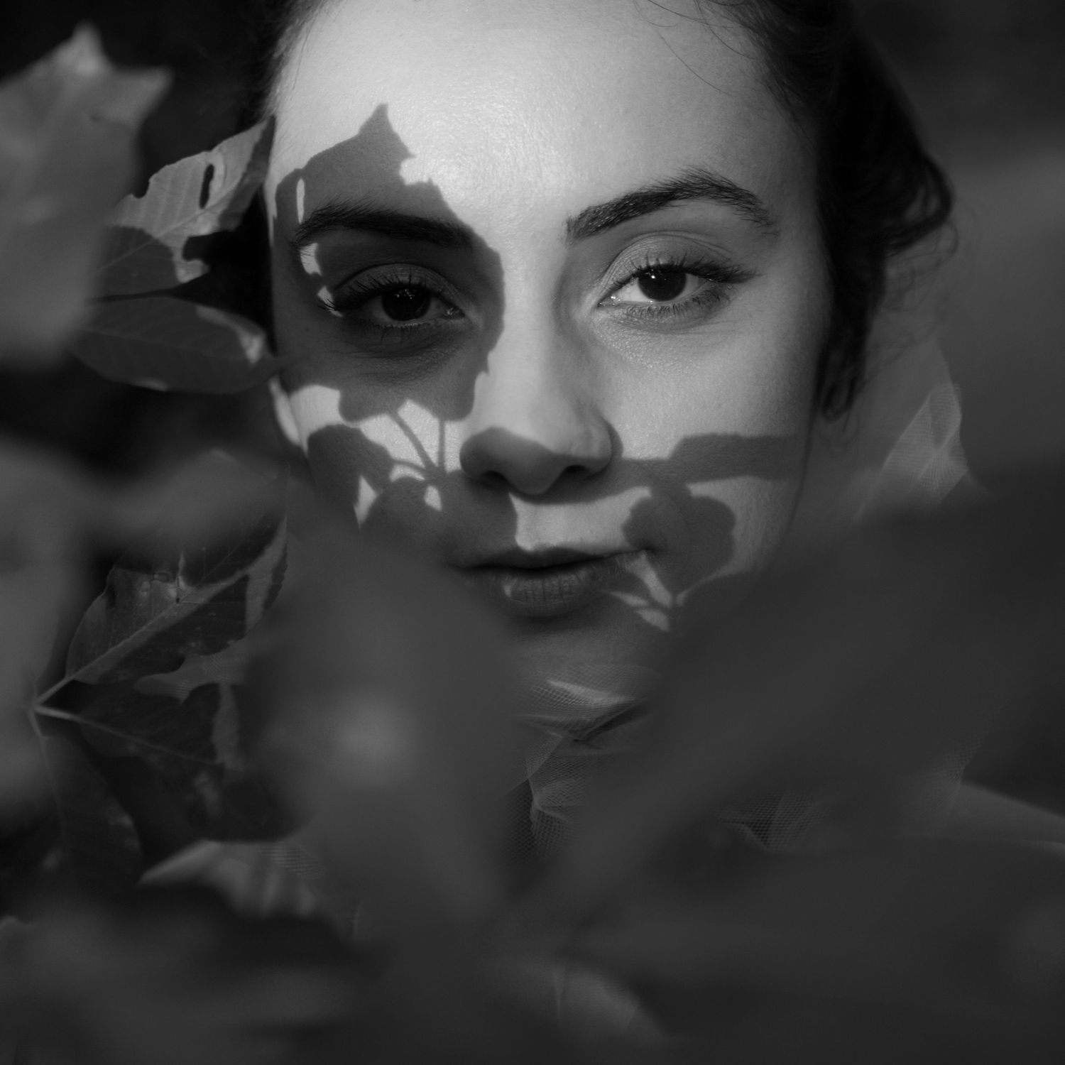 Dramatic black and white portrait with foliage creating natural shadows.