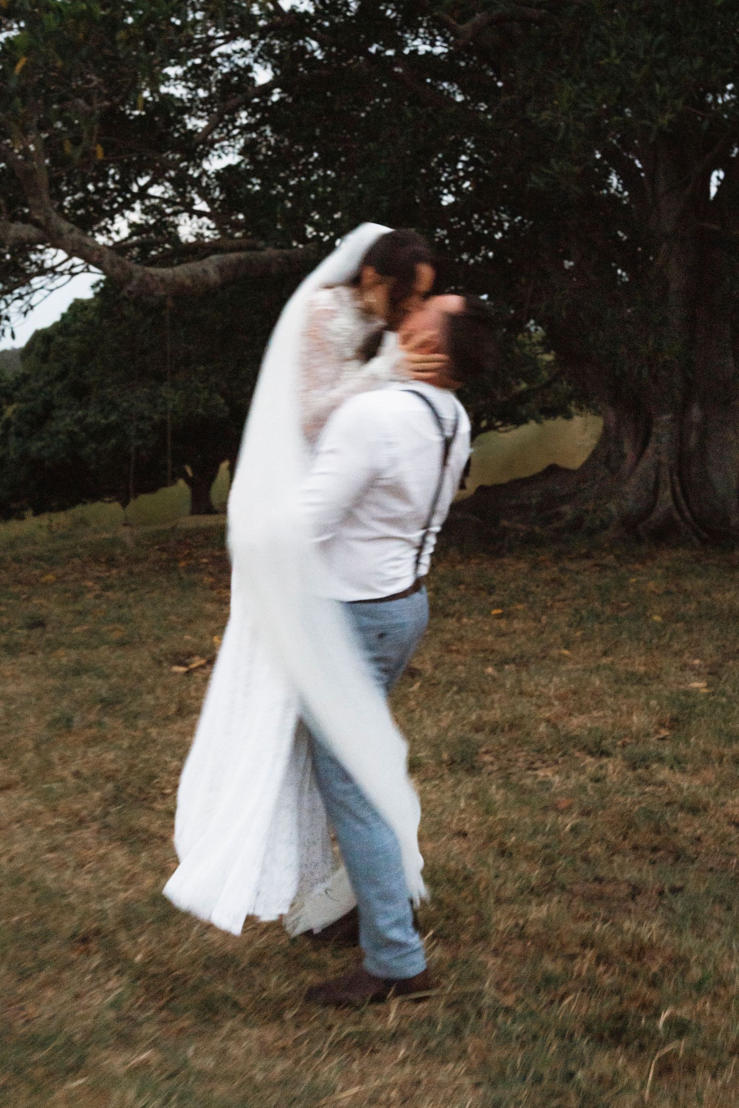 Groom lifting bride in white wedding dress and veil, sharing a kiss outdoors near a large tree on grassy field.
