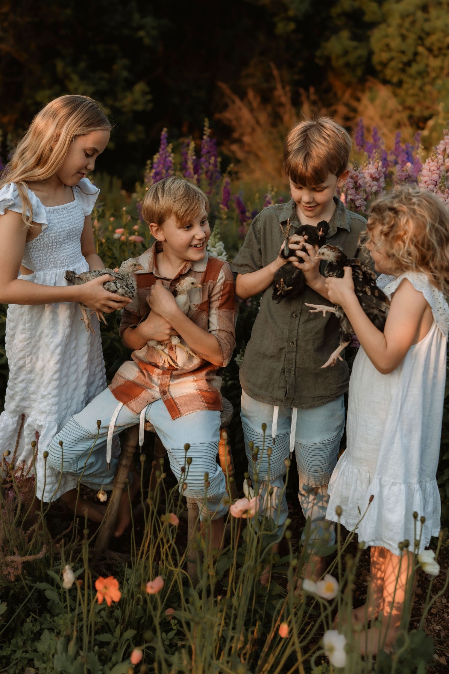 Four children holding baby chicks in a blooming flower garden during golden hour.