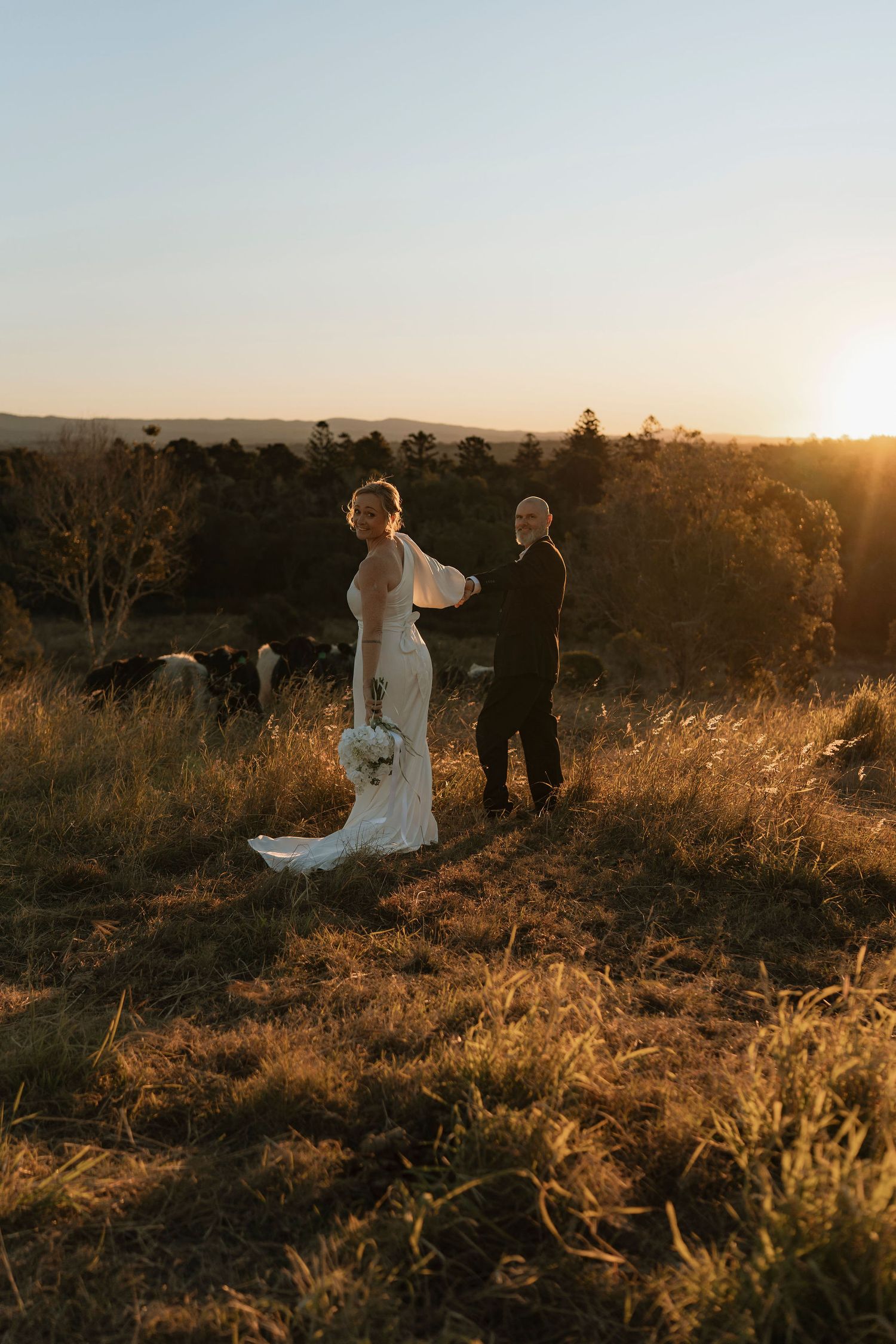 Bride and groom share a romantic sunset moment in a golden field with rolling hills and cattle in the background.