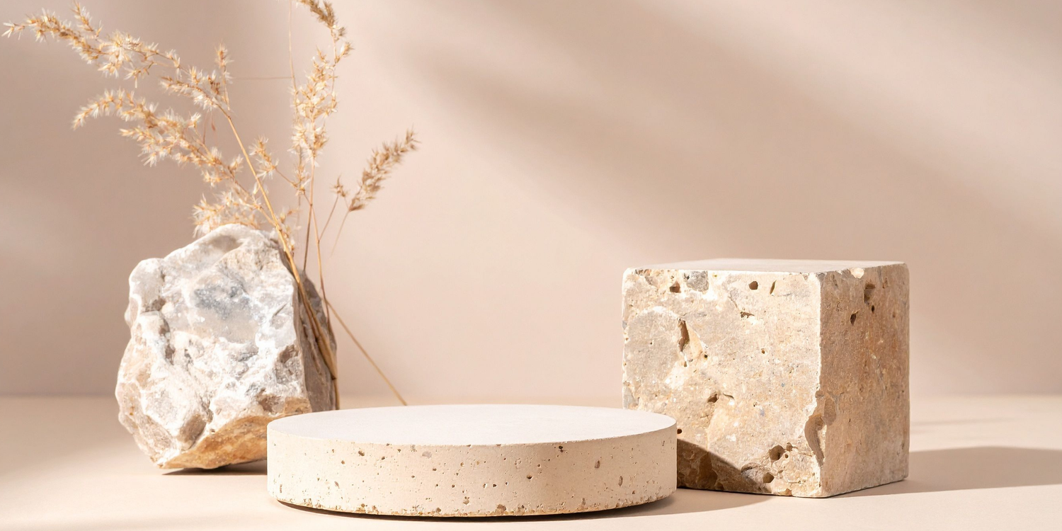 Minimalist product display with beige terrazzo podiums and dried flowers against a neutral background with soft shadows.