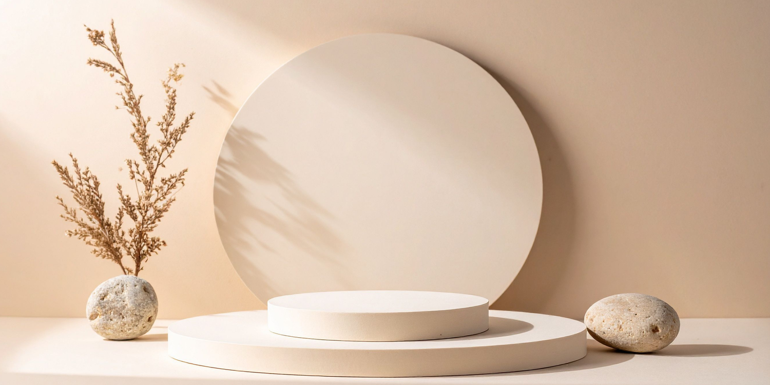 Minimal beige product display podium with circular backdrop and dried flowers in ceramic vase.