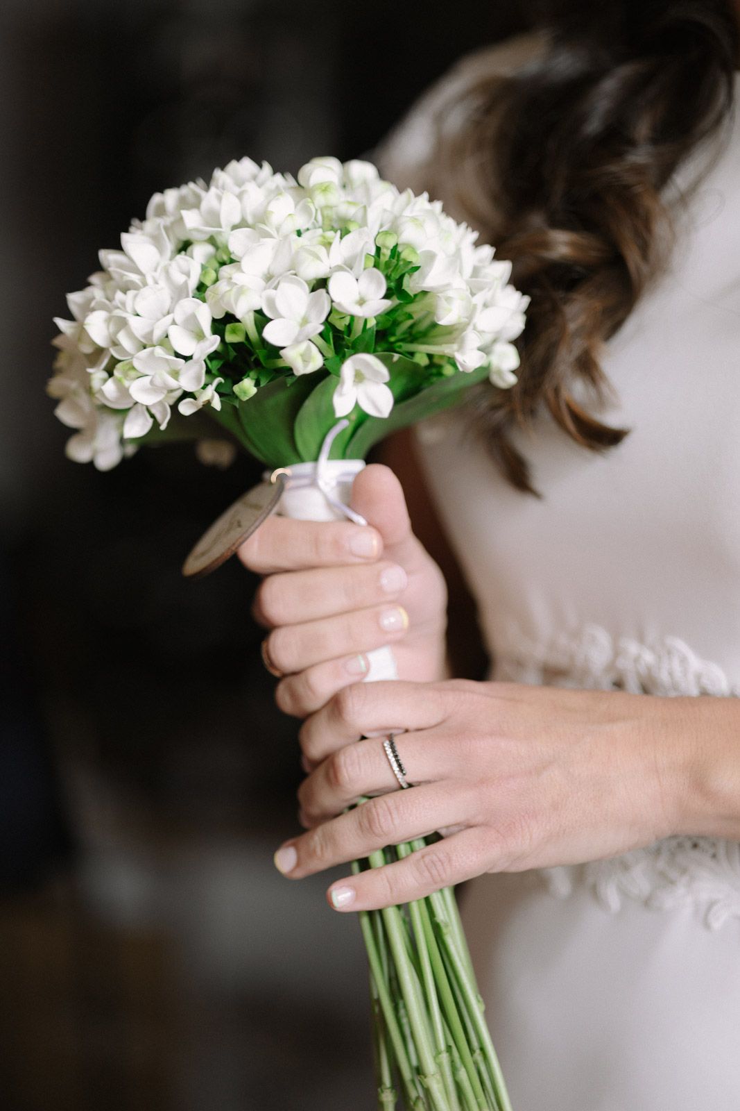 Bride holding a white wedding bouquet of small flowers tied with ribbon, wearing a diamond ring on her finger.