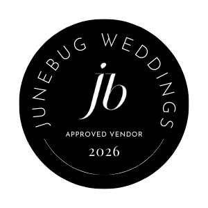 Black circular Junebug Weddings approved vendor badge with jb monogram logo and 2020 text.