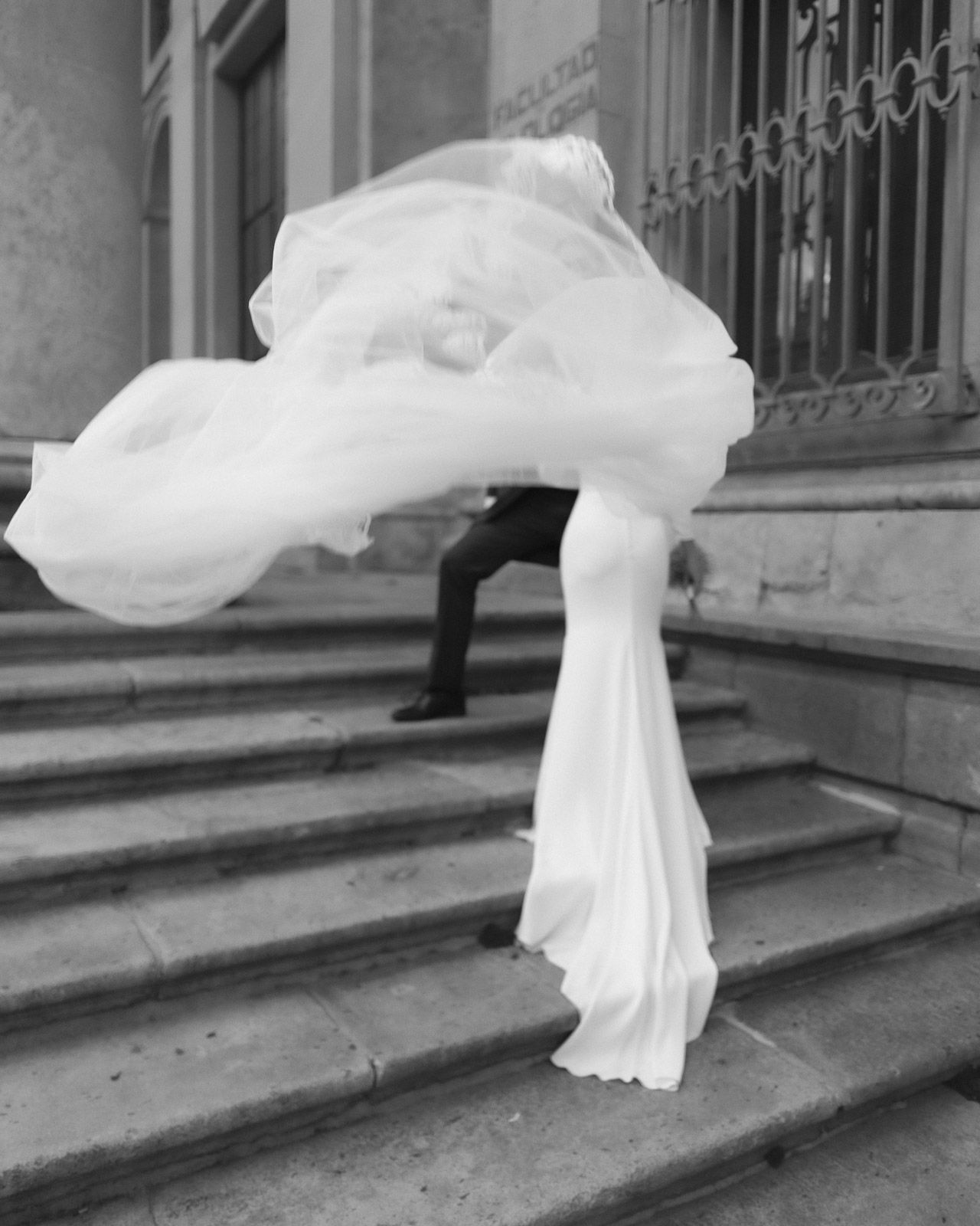 Black and white photo of a bride in a flowing gown, veil billowing in the wind on elegant stone steps.