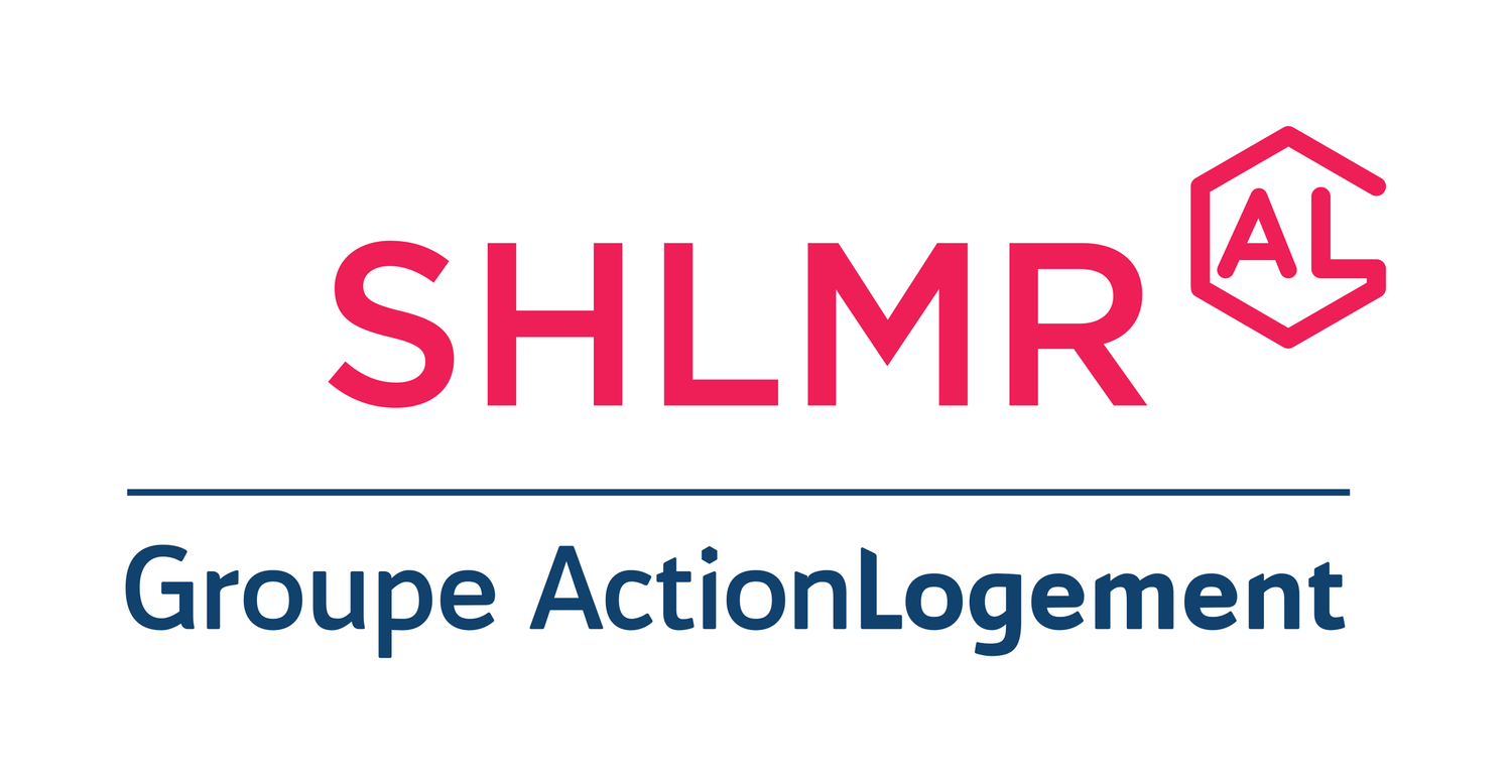 SHLMR logo with Groupe Action Logement branding in pink and navy blue colors.