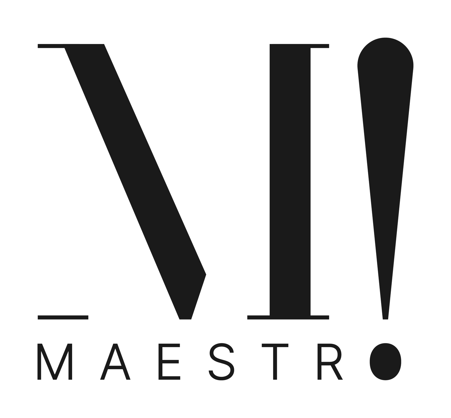 Maestro logo featuring bold black letter M with an exclamation mark and serif typography on white background.