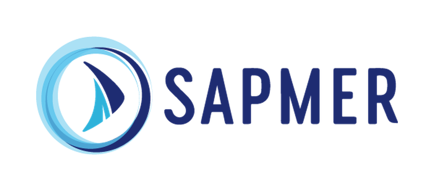 Sapmer company logo featuring a blue sailboat icon inside a circular design with bold navy blue text.