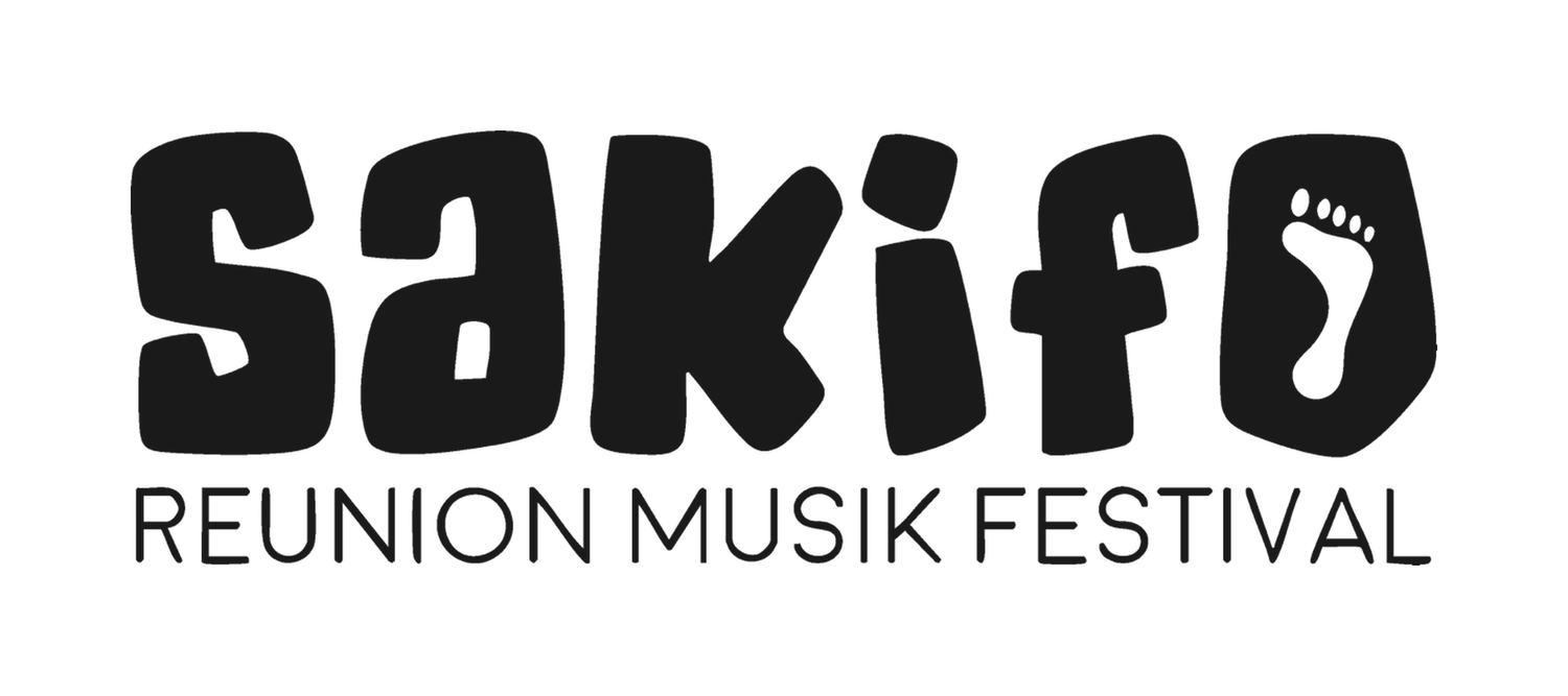 Sakifo Reunion Musik Festival logo in bold black typography with a stylized footprint replacing the letter O.