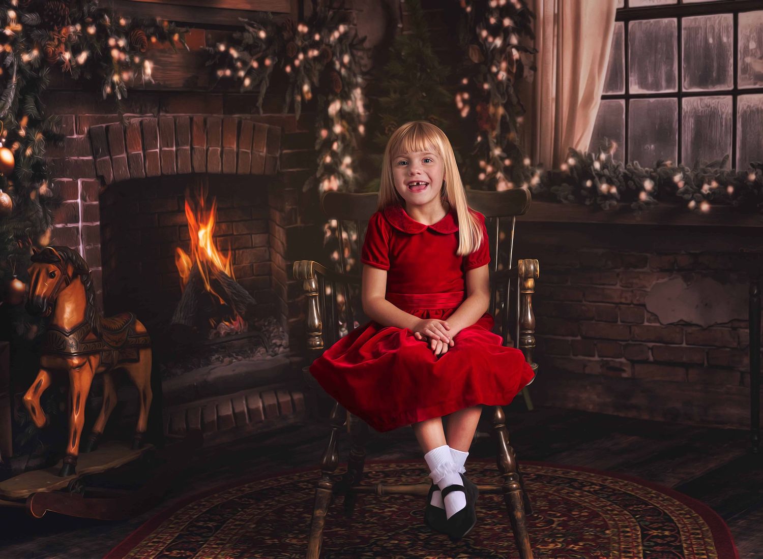 Five-year-old blonde-haired girl in red velvet Christmas dress sitting on wooden club chair in front of fireplace