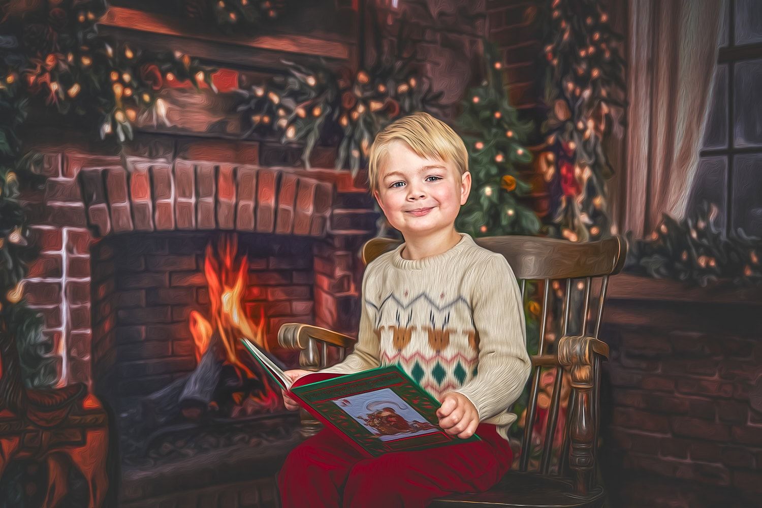 Four-year-old boy dressed in Christmas sweater and red corduroy pants holding the book 