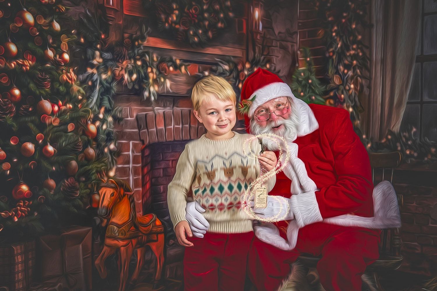 Four-year-old boy standing next to Santa in a fireplace scene holding Santa's key with magical swirl around the key.