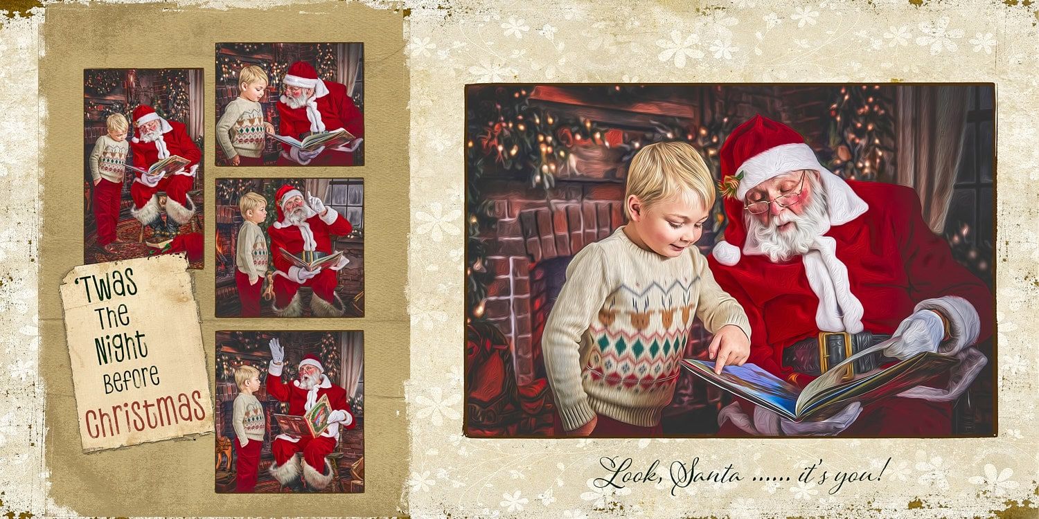 An album showing pages of Santa reading to four-year-old boy in a fireplace scene.