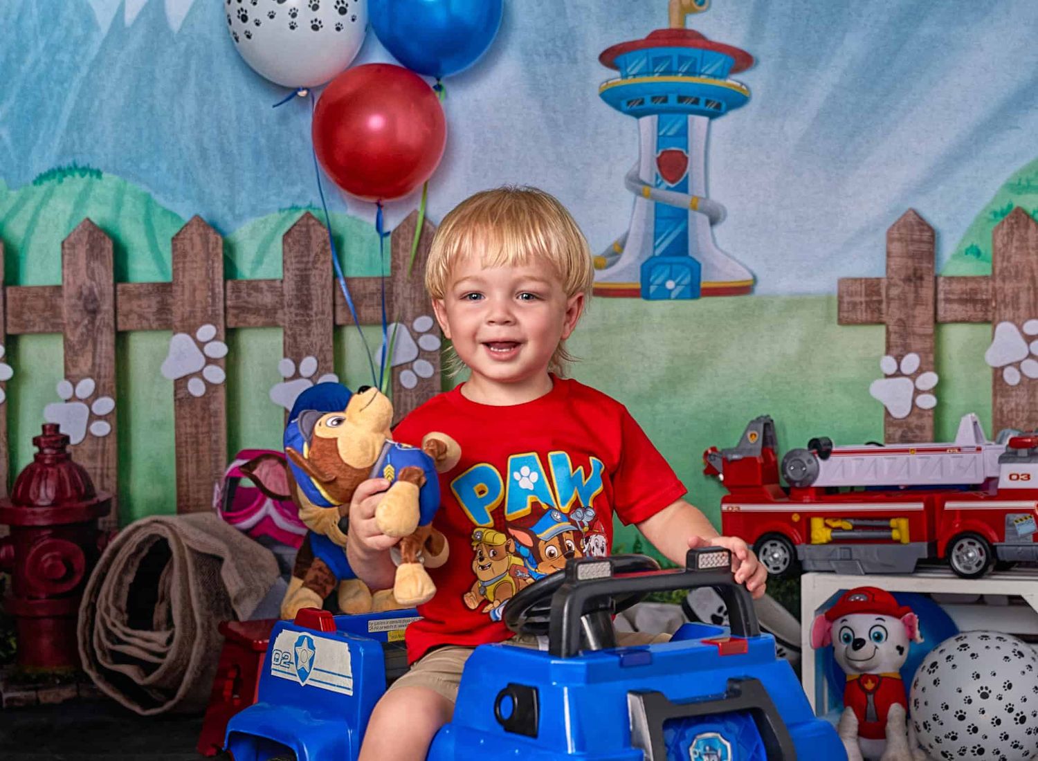 Toddler boy celebrating 3rd birthday in a scene on Paw Patrol car